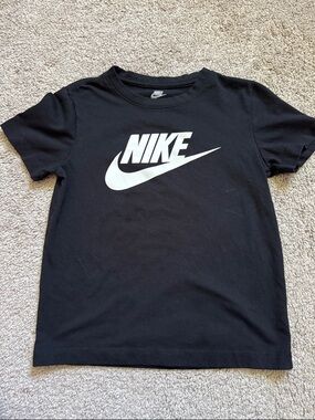 Nike Black Tee with White Swoosh Logo - Kids Short Sleeve